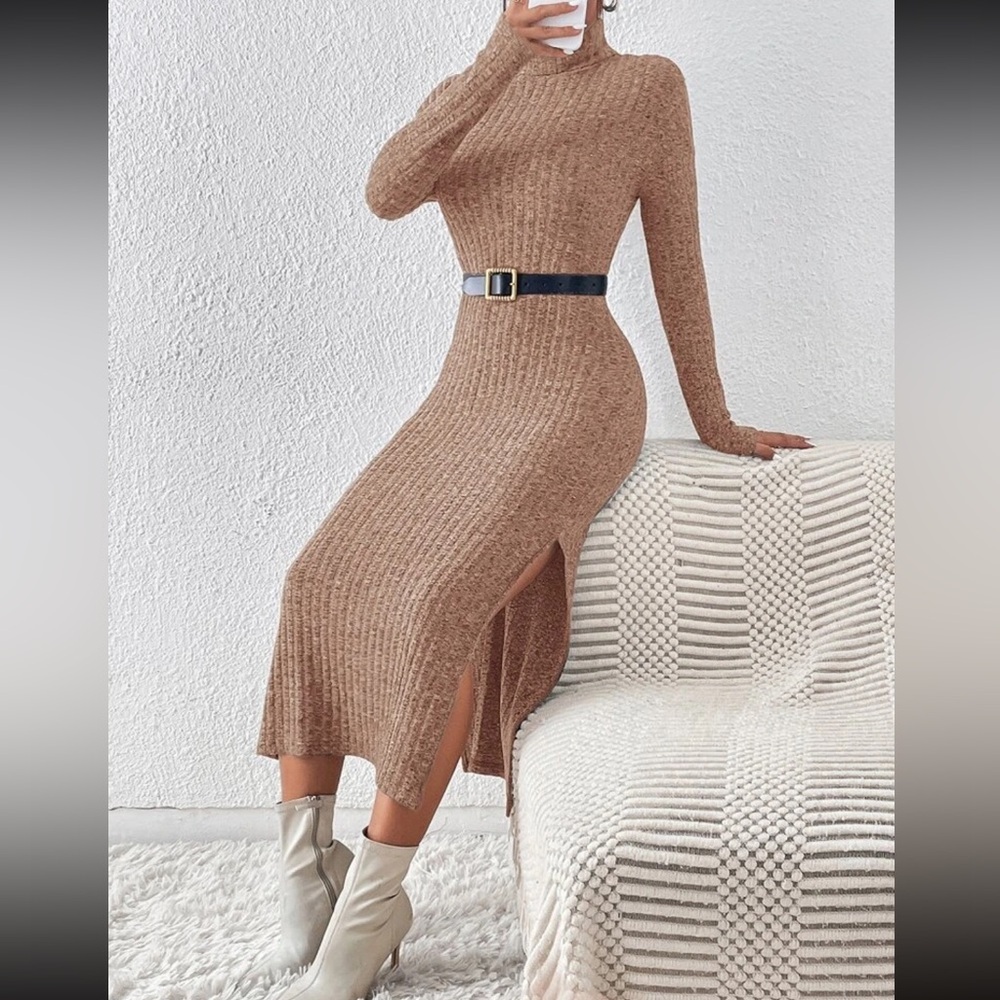 Tan Ribbed Winter Long Sleeve Sweater Dress - Picture 3 of 5